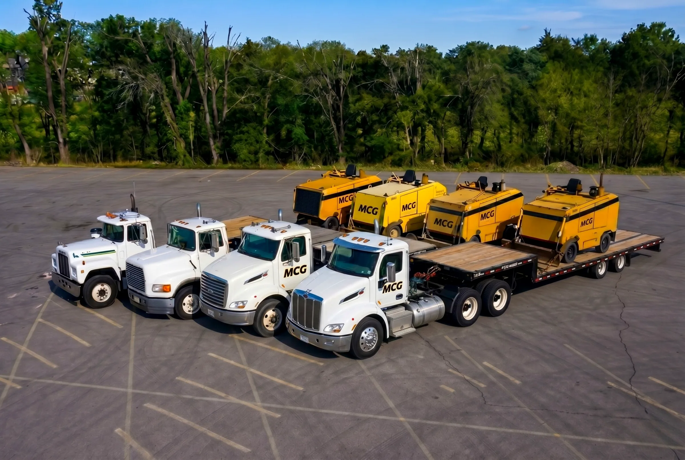 Midwest Curb Grinding fleet of milling machines and Peterbilt trucks on an Iowa jobsite